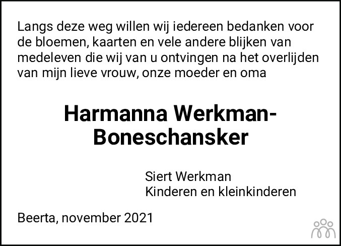 Overlijdensbericht van Harmanna Werkman-Boneschansker in Streekblad/Pekelder Streekblad