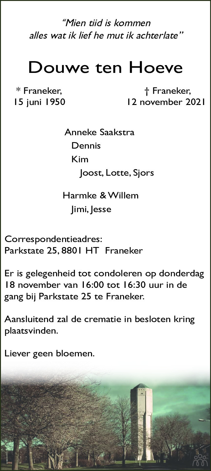 Overlijdensbericht van Douwe ten Hoeve in Franeker Courant