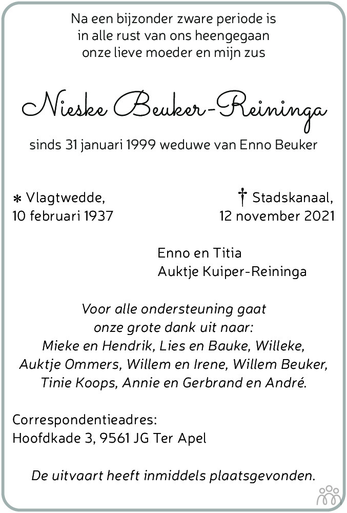 Overlijdensbericht van Nieske Beuker-Reininga in Dagblad van het Noorden