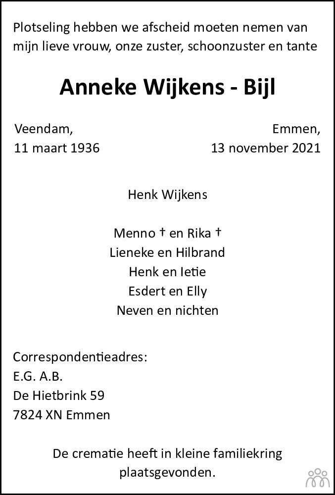 Overlijdensbericht van Anneke Wijkens-Bijl in Dagblad van het Noorden