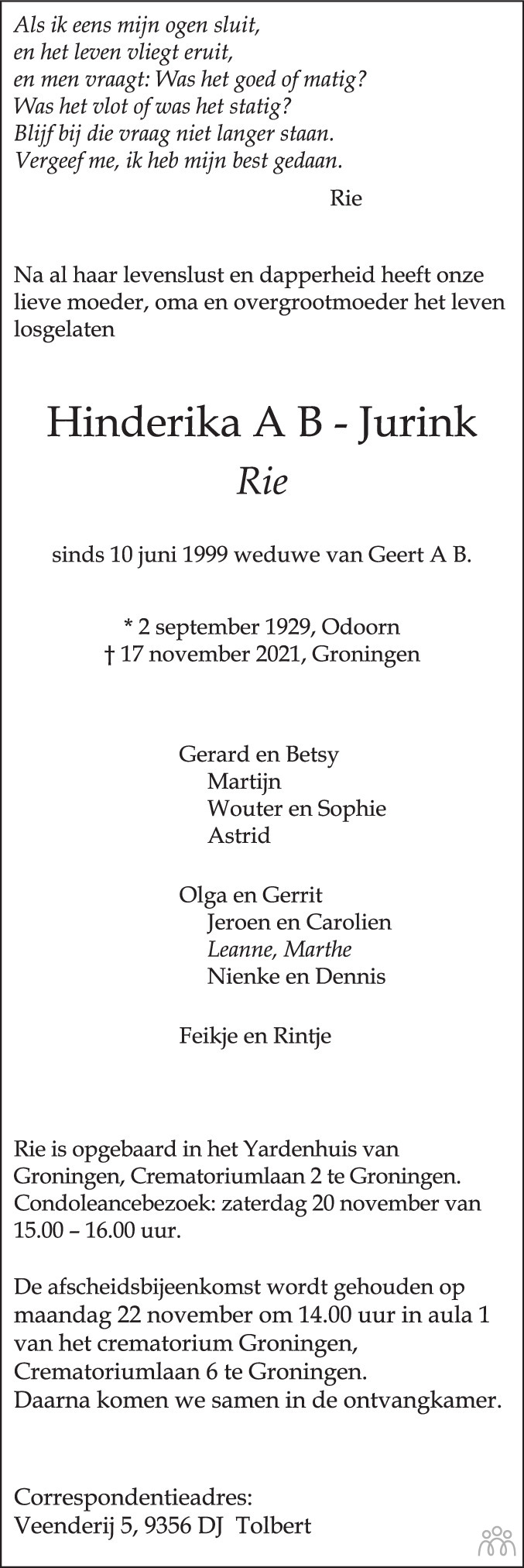 Overlijdensbericht van Hinderika (Rie) A B -Jurink in Dagblad van het Noorden