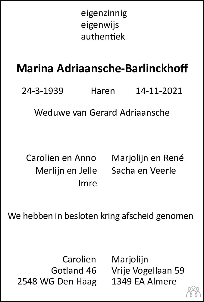 Overlijdensbericht van Marina Adriaansche-Barlinckhoff in Dagblad van het Noorden