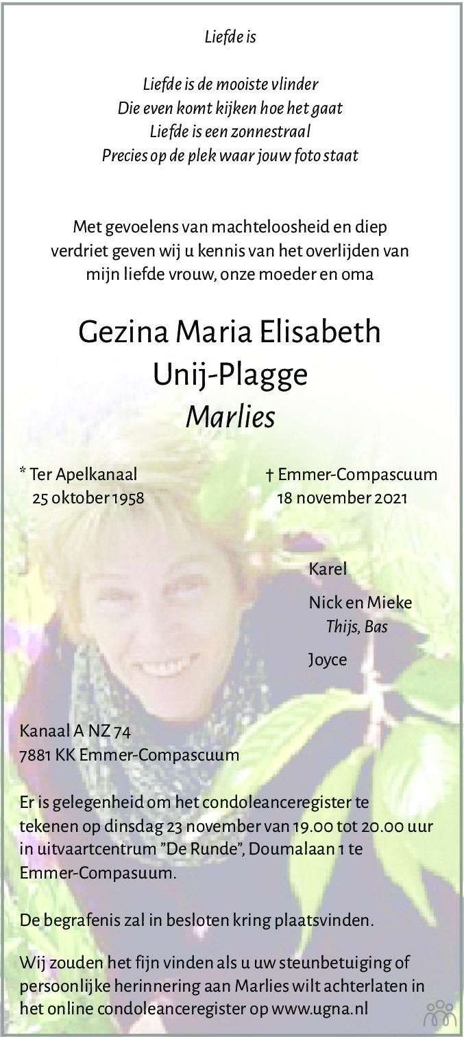 Overlijdensbericht van Gezina Maria Elisabeth (Marlies) Unij-Plagge in Dagblad van het Noorden