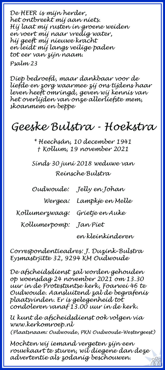 Overlijdensbericht van Geeske Bulstra-Hoekstra in Leeuwarder Courant