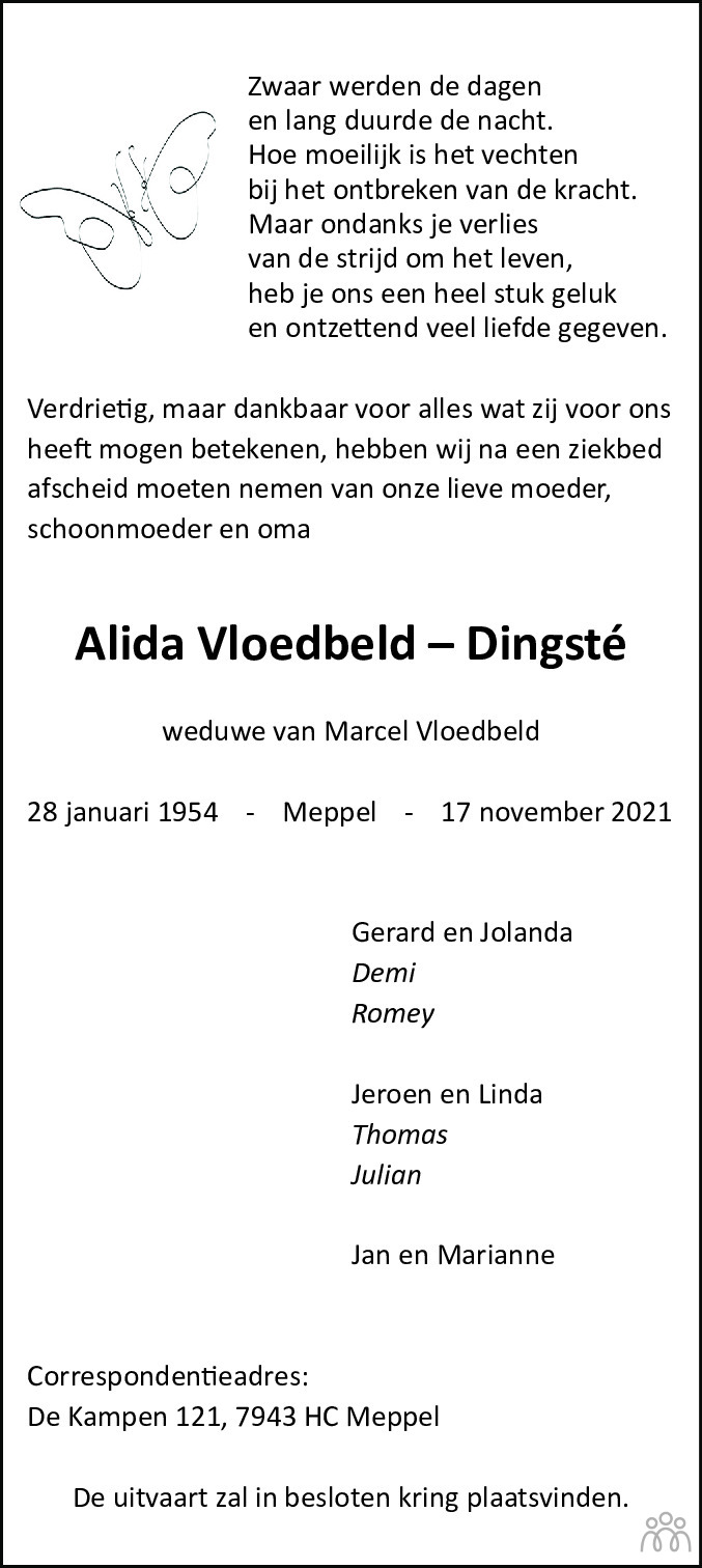 Overlijdensbericht van Alida Vloedbeld-Dingsté in Meppeler Courant