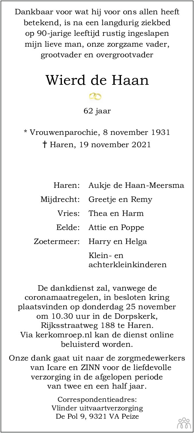 Overlijdensbericht van Wierd de Haan in Dagblad van het Noorden