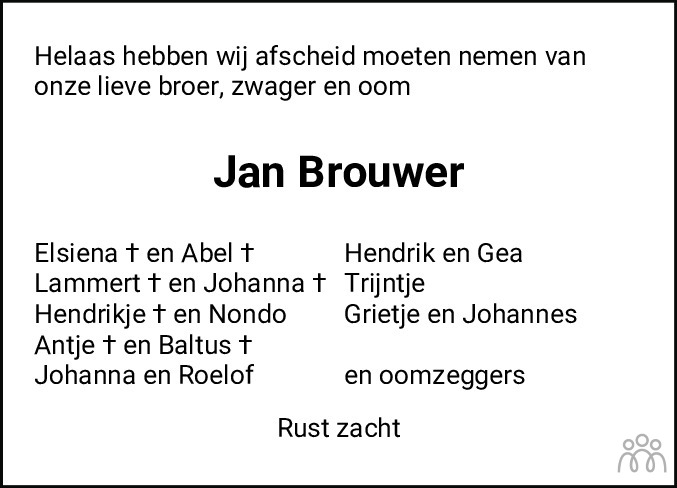Overlijdensbericht van Jan Brouwer in Streekblad/Pekelder Streekblad