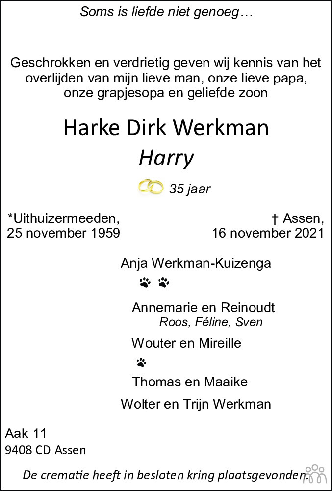 Overlijdensbericht van Harke Dirk (Harry) Werkman in Dagblad van het Noorden