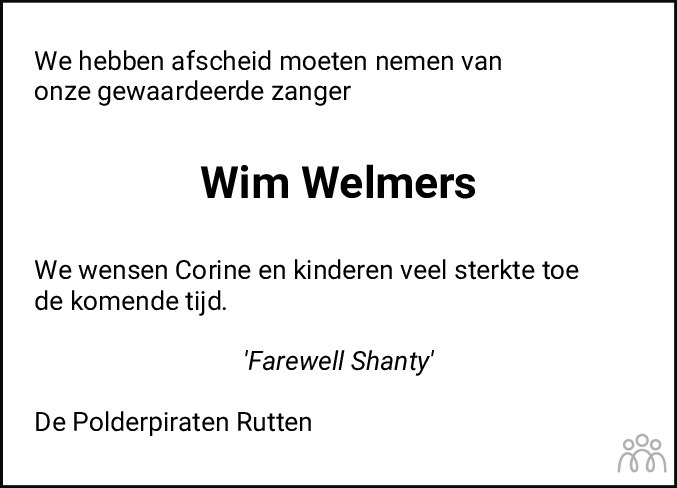 Overlijdensbericht van Wim Welmers in Noordoostpolder