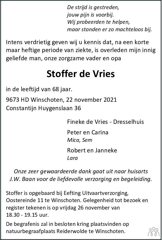 Overlijdensbericht van Stoffer de Vries in Dagblad van het Noorden