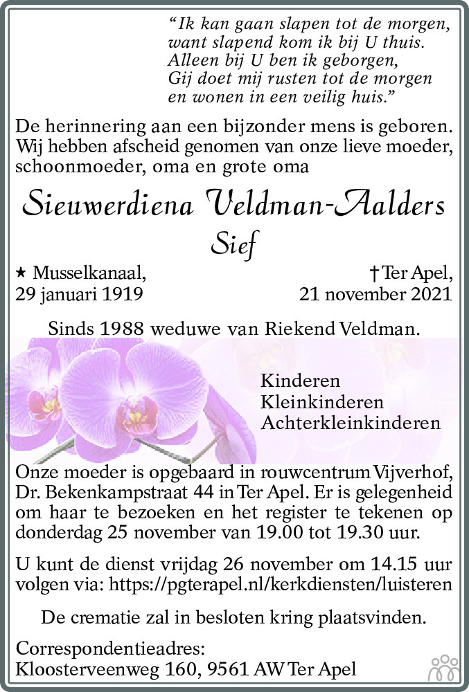 Overlijdensbericht van Sieuwerdiena (Sief) Veldman-Aalders in Kanaalstreek Ter Apeler Courant