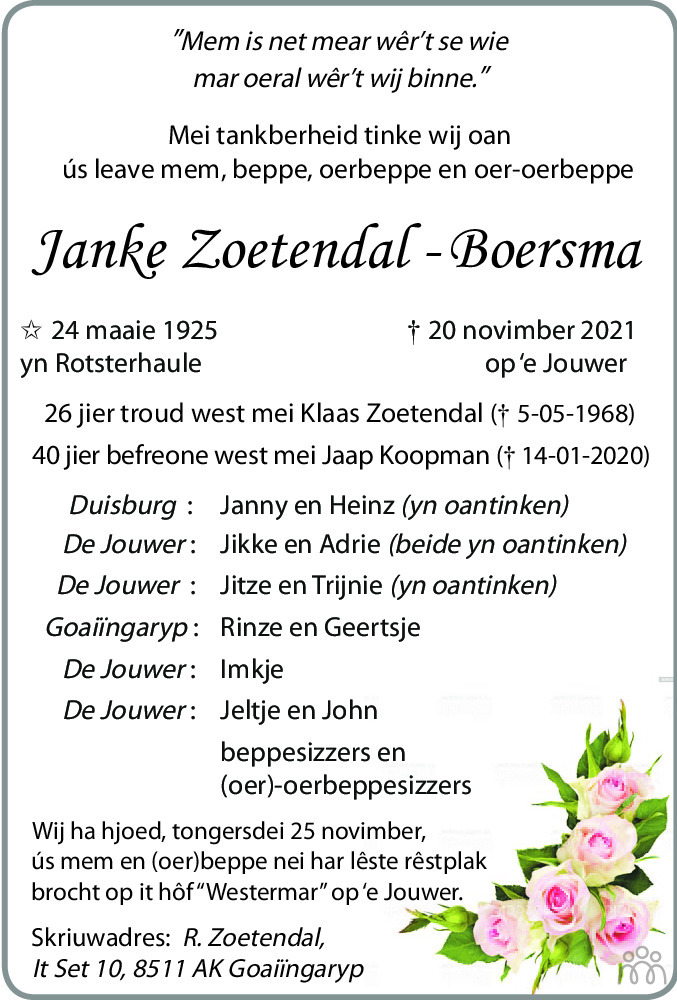 Overlijdensbericht van Janke Zoetendal-Boersma in Jouster Courant Zuid Friesland