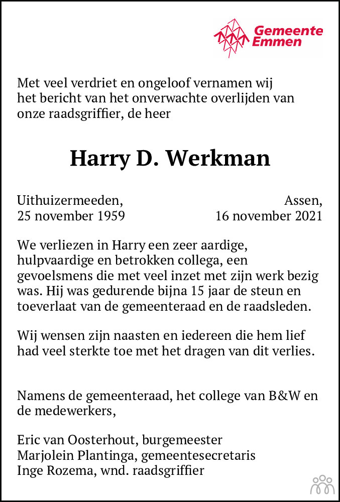 Overlijdensbericht van Harke Dirk (Harry) Werkman in Dagblad van het Noorden