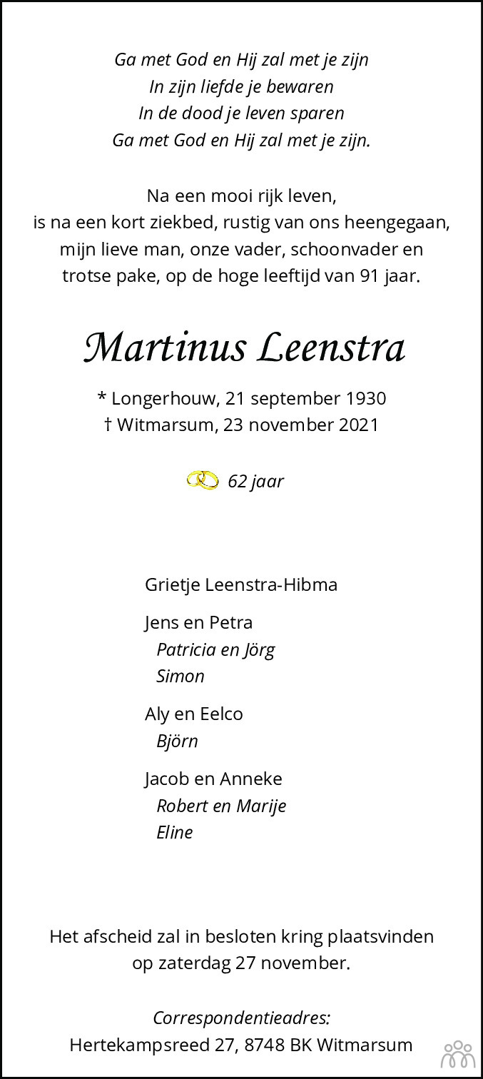 Overlijdensbericht van Martinus Leenstra in Leeuwarder Courant
