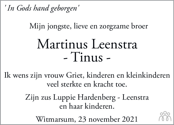 Overlijdensbericht van Martinus Leenstra in Friesch Dagblad