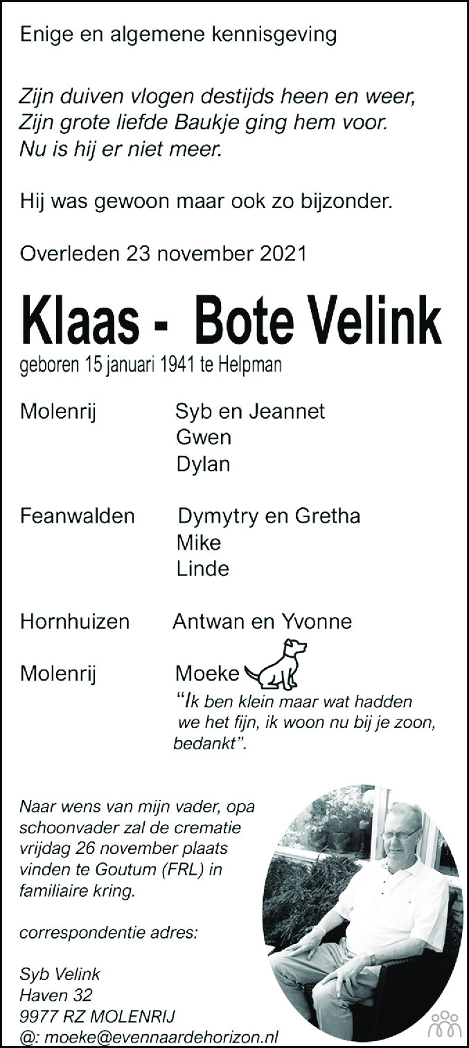 Overlijdensbericht van Klaas-Bote Velink in Leeuwarder Courant