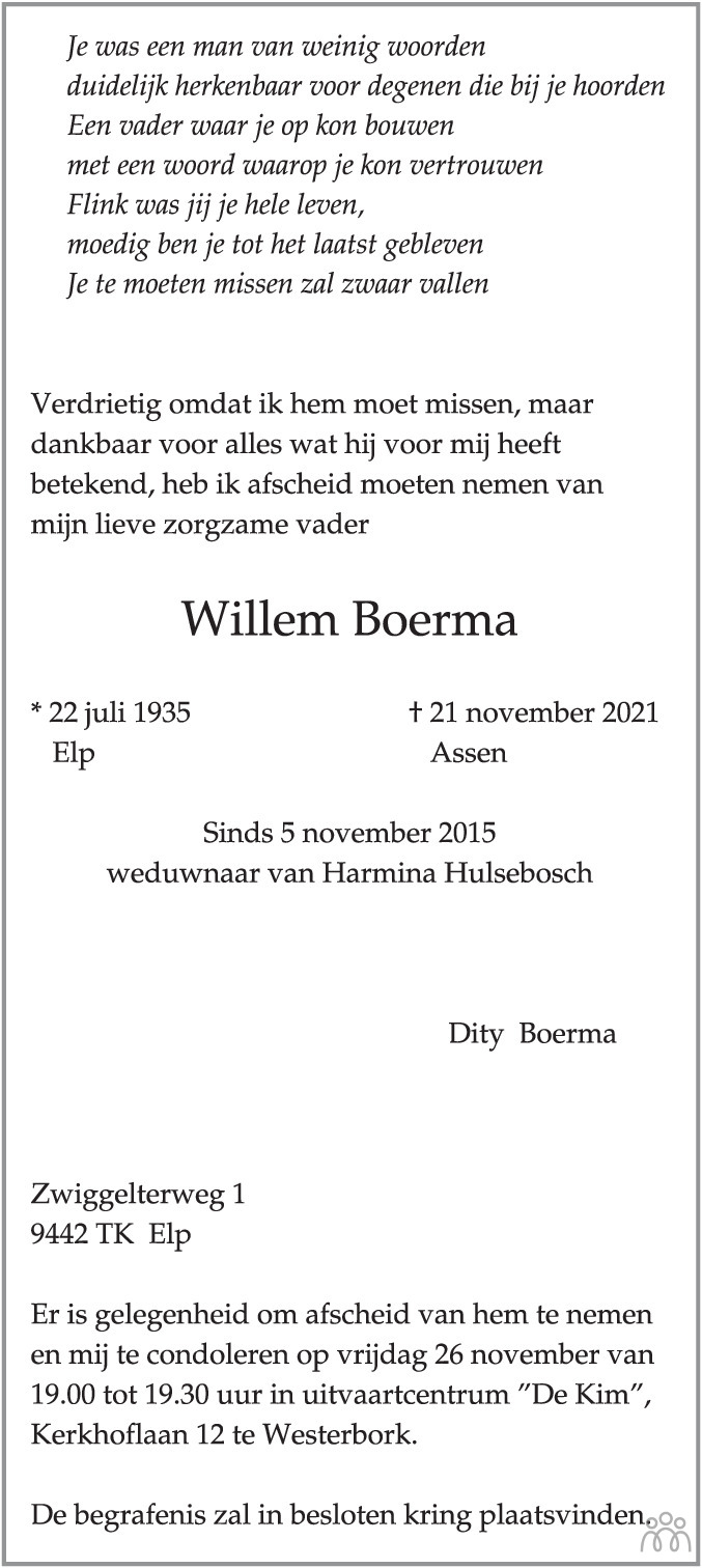 Overlijdensbericht van Willem Boerma in Dagblad van het Noorden