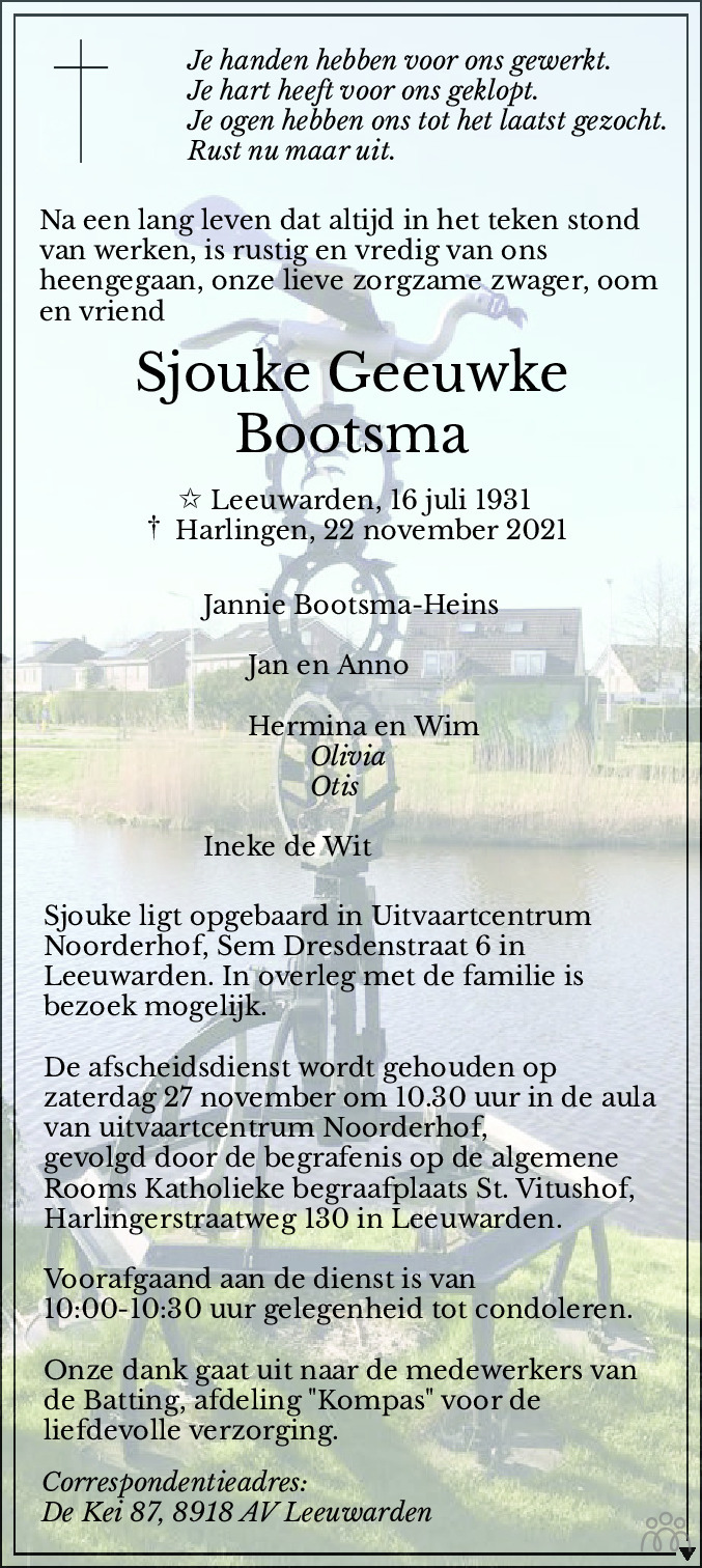 Overlijdensbericht van Sjouke Geeuwke Bootsma in Leeuwarder Courant