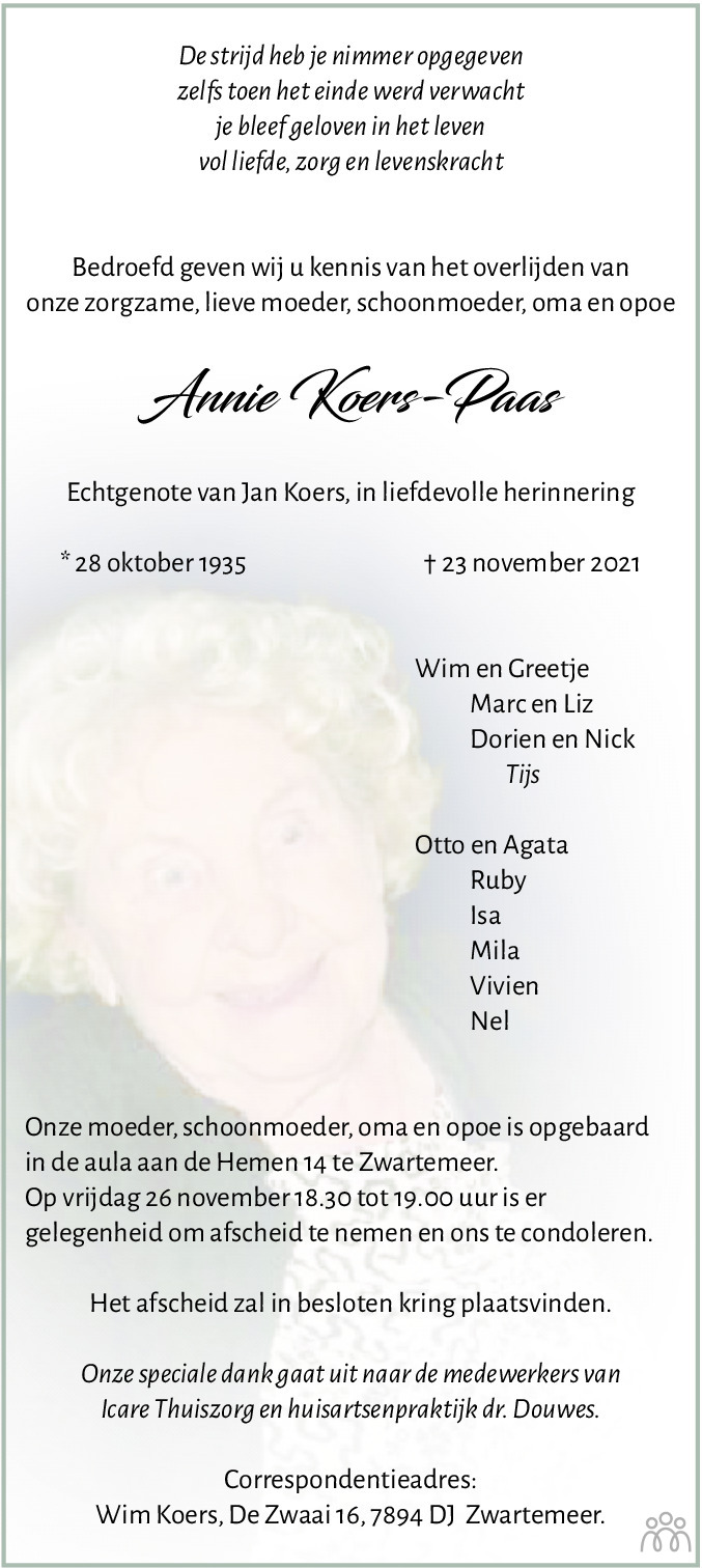 Overlijdensbericht van Annie Koers-Paas in Dagblad van het Noorden