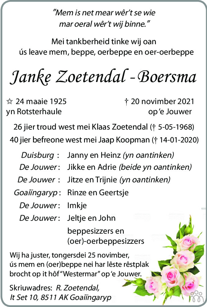 Overlijdensbericht van Janke Zoetendal-Boersma in Leeuwarder Courant