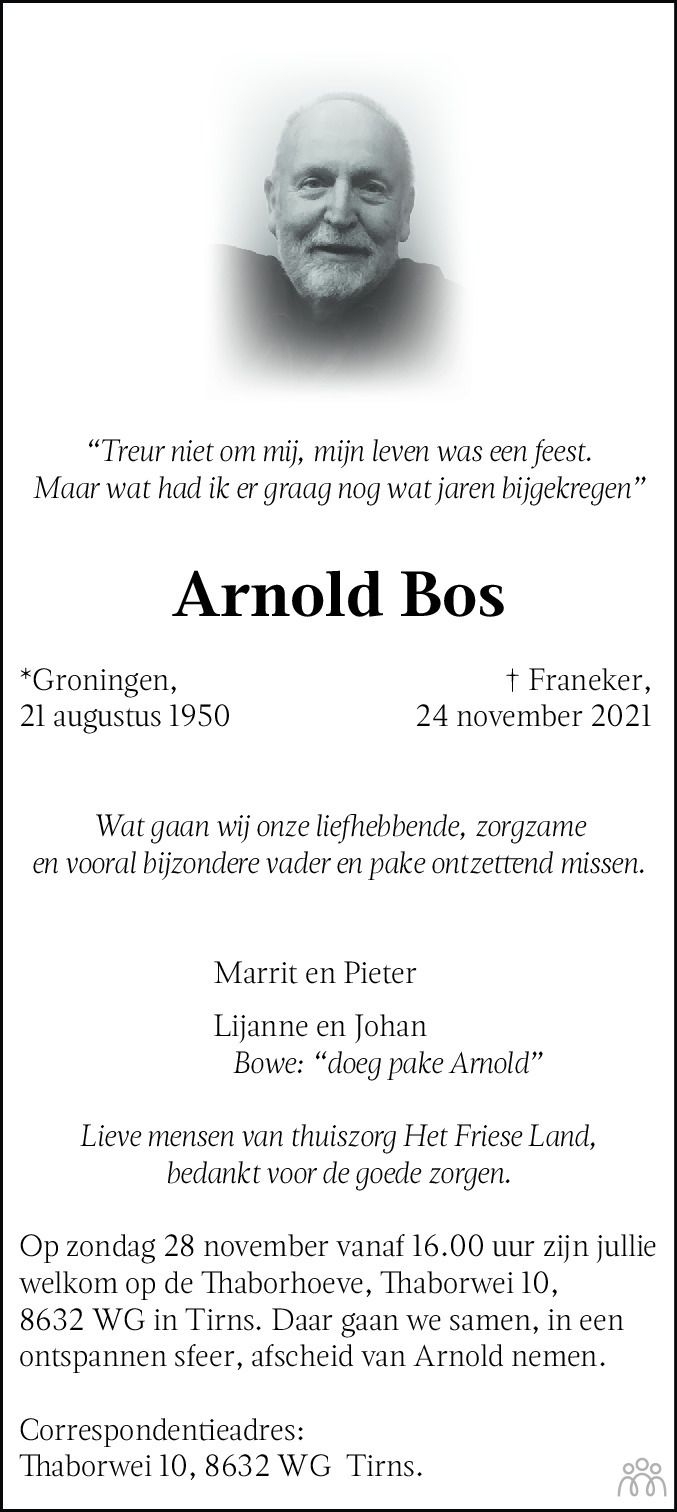 Overlijdensbericht van Arnold Bos in Leeuwarder Courant