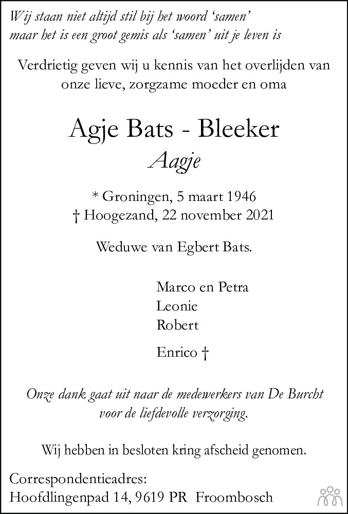 Overlijdensbericht van Agje (Aagje) Bats-Bleeker in Dagblad van het Noorden