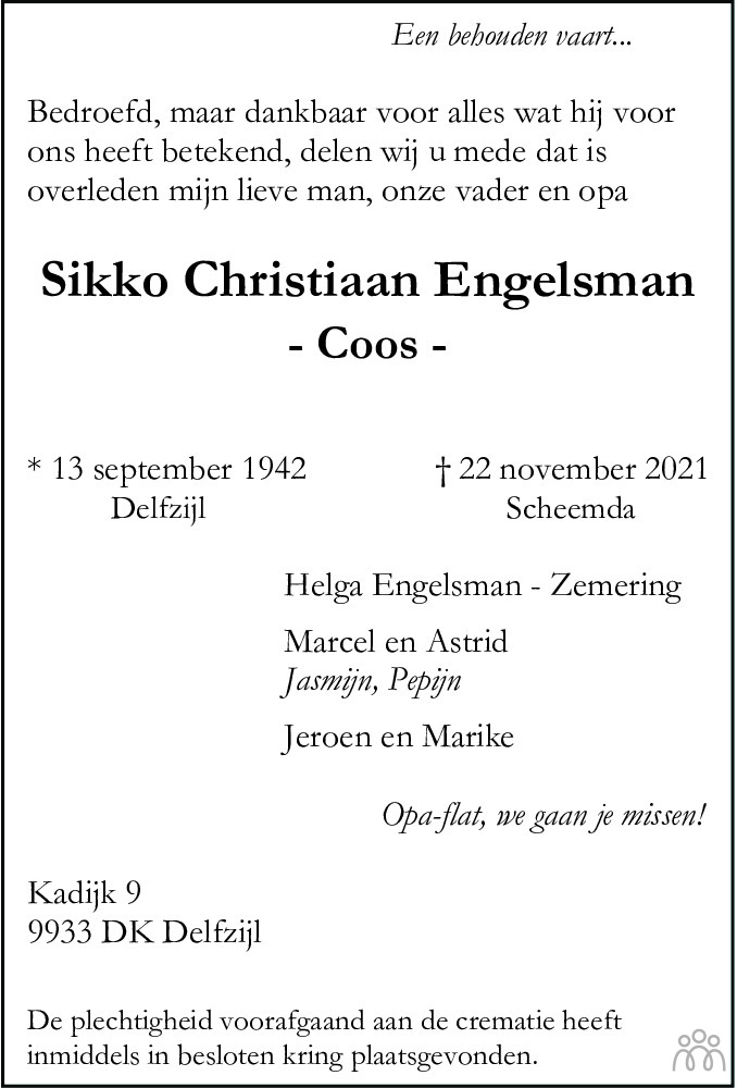 Overlijdensbericht van Sikko Christiaan (Coos) Engelsman in Dagblad van het Noorden