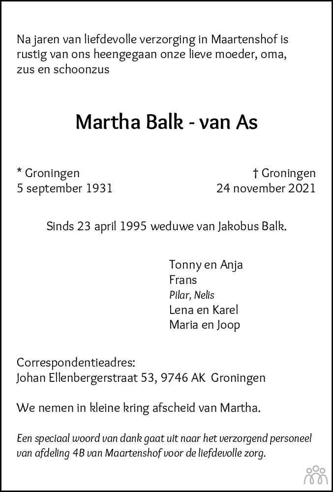 Overlijdensbericht van Martha Balk-van As in Dagblad van het Noorden