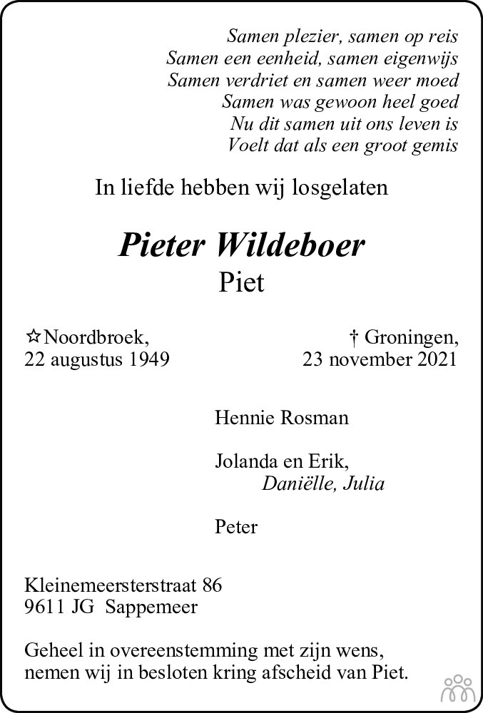 Overlijdensbericht van Pieter (Piet) Wildeboer in Dagblad van het Noorden