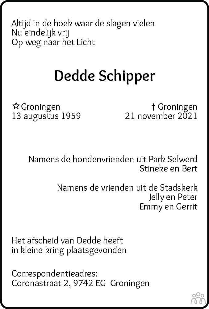 Overlijdensbericht van Dedde Schipper in Dagblad van het Noorden