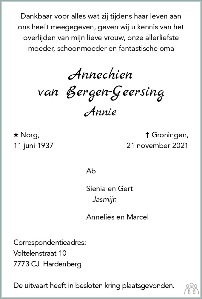 Overlijdensbericht van Annechien (Annie) van Bergen-Geersing in Dagblad van het Noorden