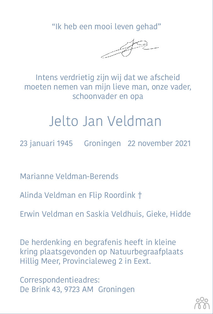 Overlijdensbericht van Jelto Jan Veldman in Dagblad van het Noorden
