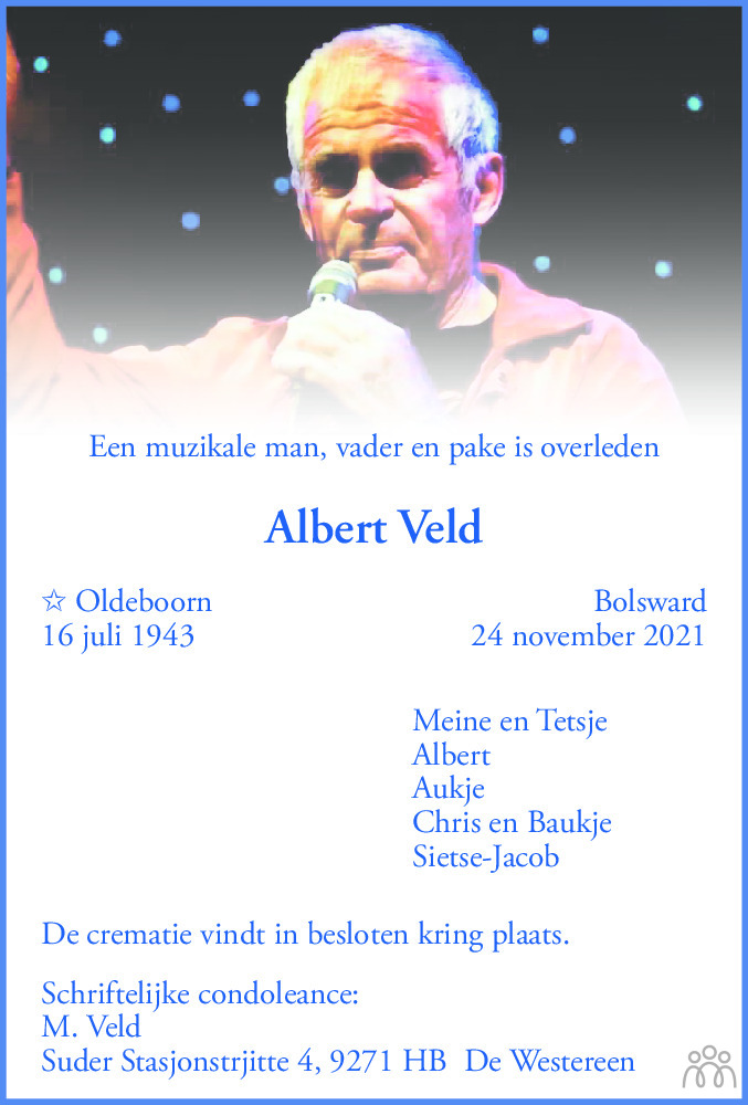 Overlijdensbericht van Albert Veld in Leeuwarder Courant