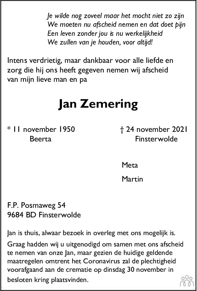 Overlijdensbericht van Jan Zemering in Dagblad van het Noorden
