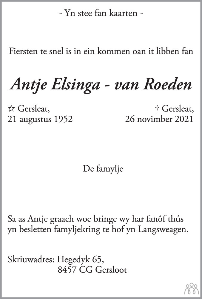 Overlijdensbericht van Antje Elsinga-van Roeden in Leeuwarder Courant