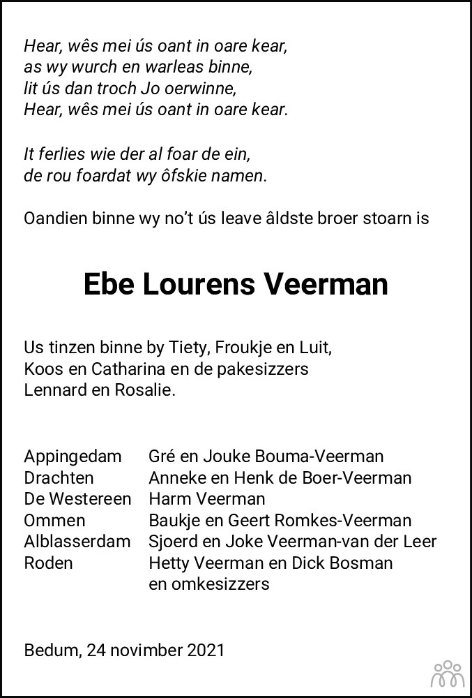 Overlijdensbericht van Ebe Lourens Veerman in Dagblad van het Noorden