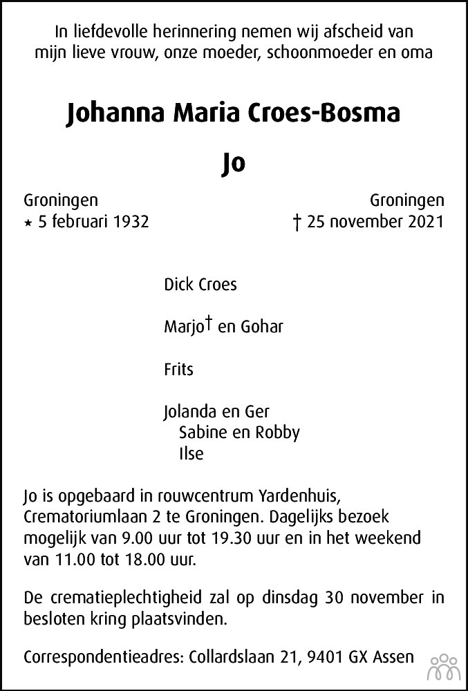 Overlijdensbericht van Johanna Maria (Jo) Croes-Bosma in Dagblad van het Noorden