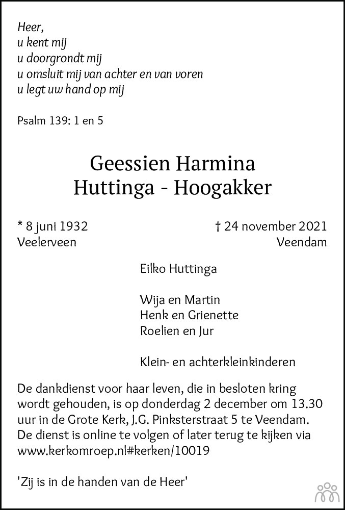 Overlijdensbericht van Geessien Harmina Huttinga-Hoogakker in Dagblad van het Noorden