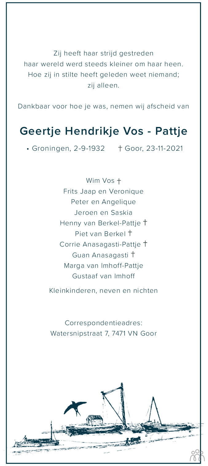Overlijdensbericht van Geertje Hendrikje Vos-Pattje in Dagblad van het Noorden