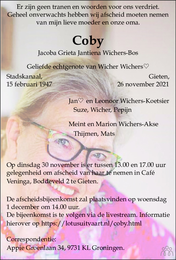 Overlijdensbericht van Coby (Jacoba Grieta Jantiena) Wichers-Bos in Dagblad van het Noorden