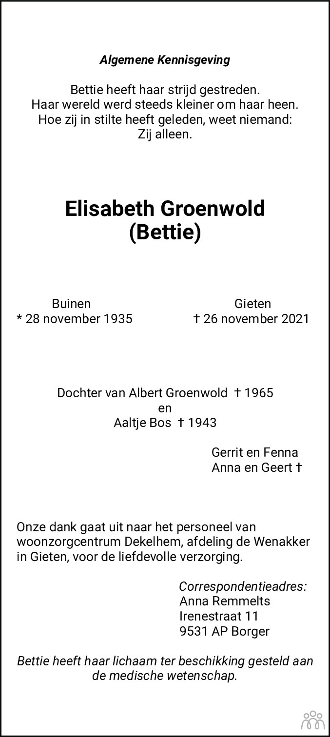 Overlijdensbericht van Elisabeth (Bettie) Groenwold in Dagblad van het Noorden