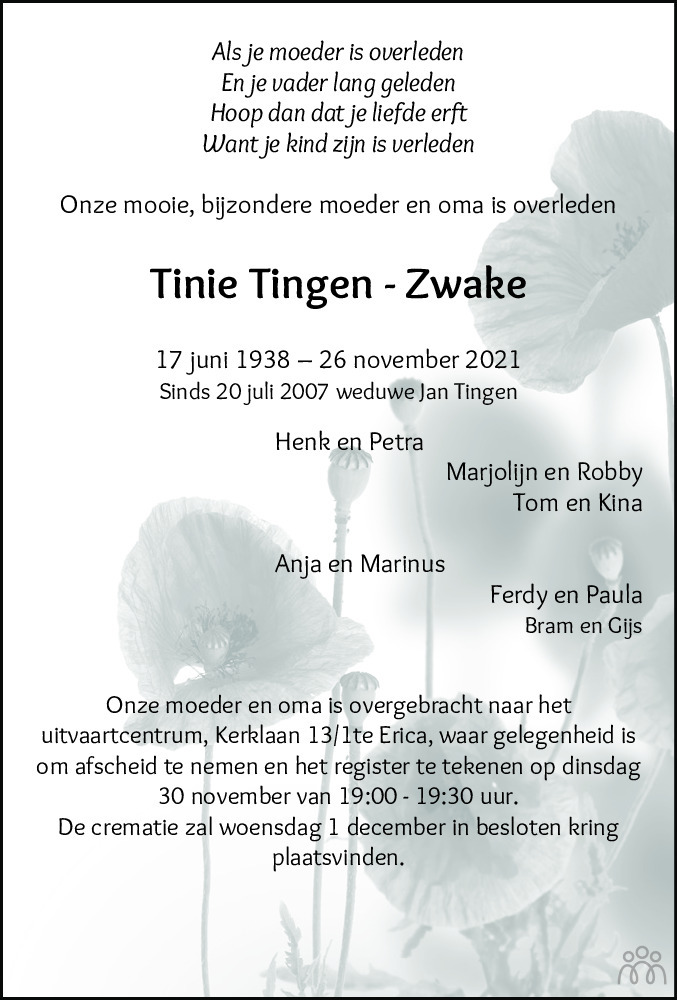 Overlijdensbericht van Tinie Tingen-Zwake in Dagblad van het Noorden