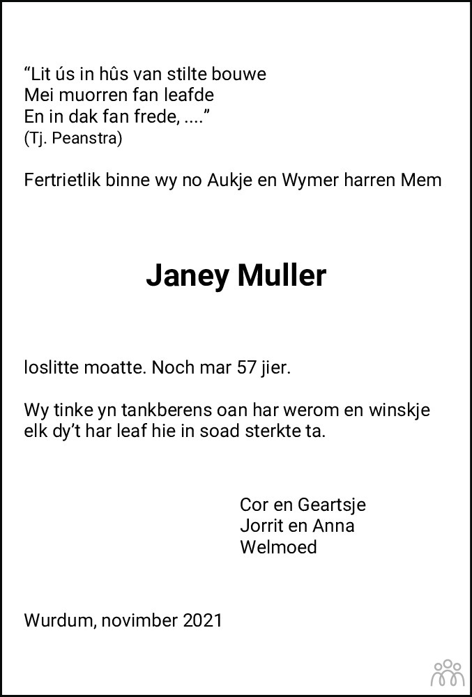 Overlijdensbericht van Jane Nancy (Janey) Muller-Faber in Leeuwarder Courant