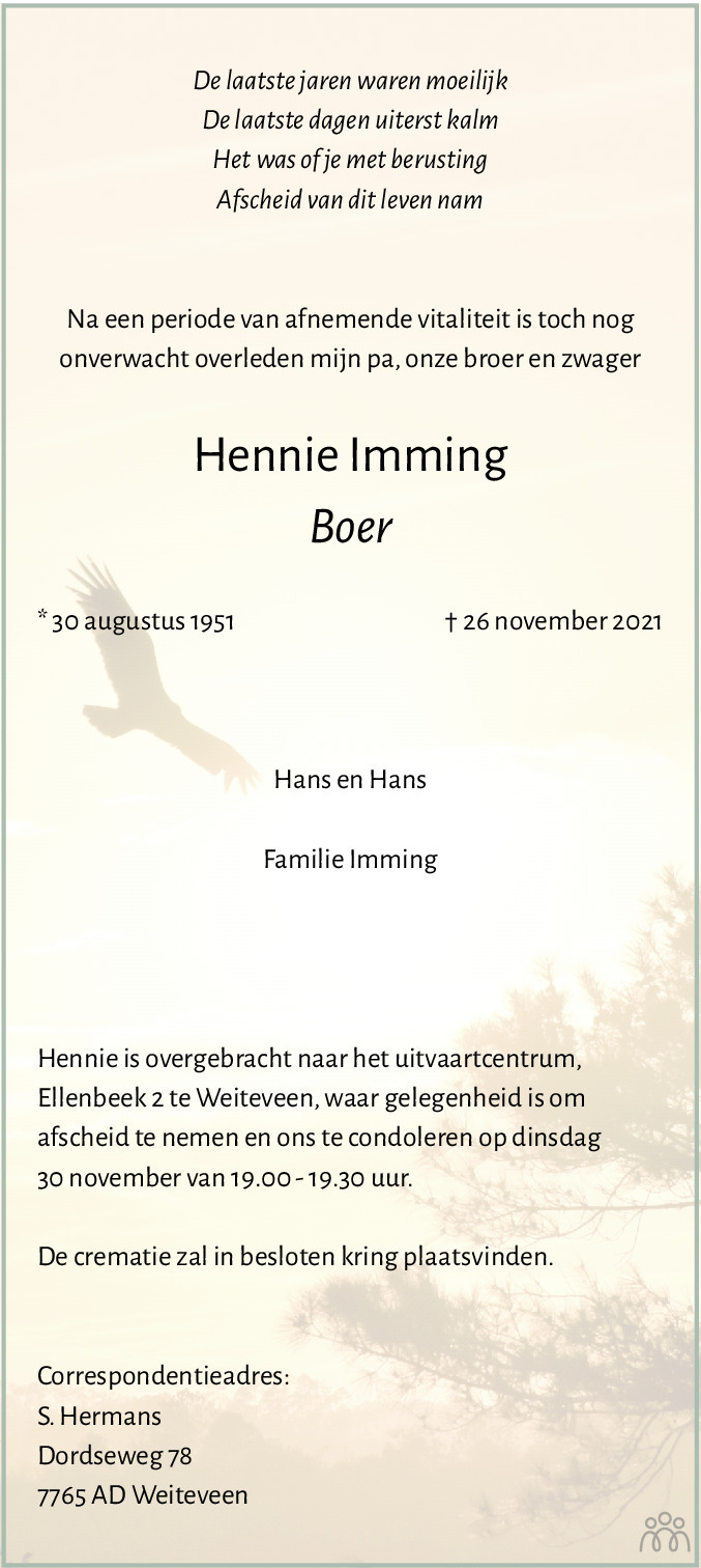 Overlijdensbericht van Hennie (Boer) Imming in Dagblad van het Noorden