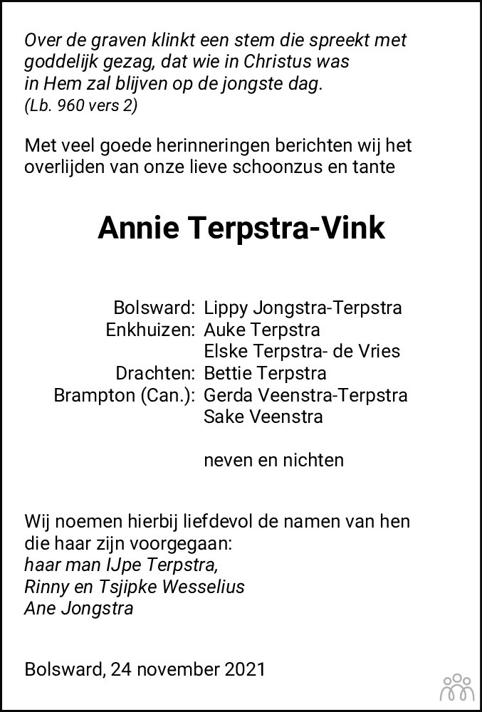 Overlijdensbericht van Antje (Annie) Terpstra-Vink in Friesch Dagblad