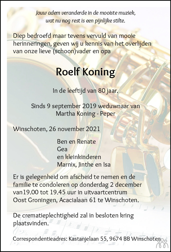 Overlijdensbericht van Roelf Koning in Dagblad van het Noorden