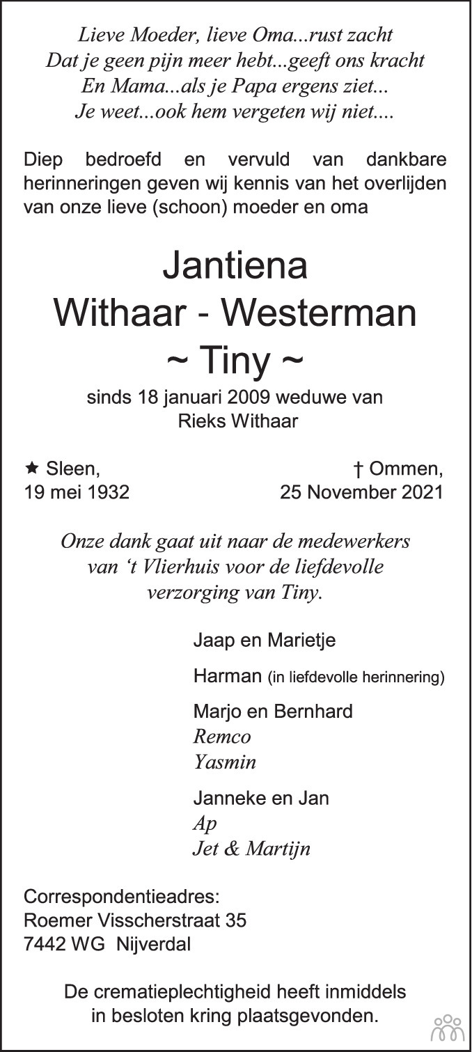 Overlijdensbericht van Jantiena (Tiny) Withaar-Westerman in Emmen Nu
