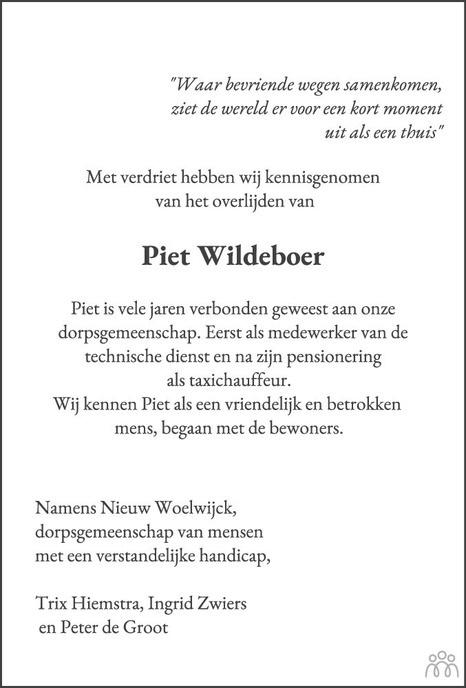 Overlijdensbericht van Pieter (Piet) Wildeboer in Dagblad van het Noorden