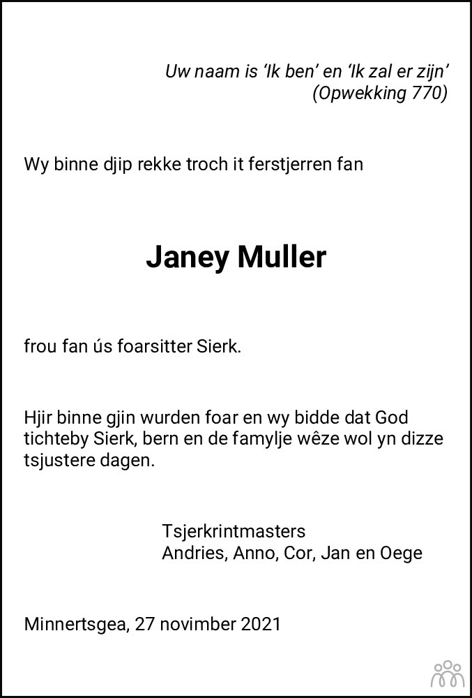 Overlijdensbericht van Jane Nancy (Janey) Muller-Faber in Leeuwarder Courant
