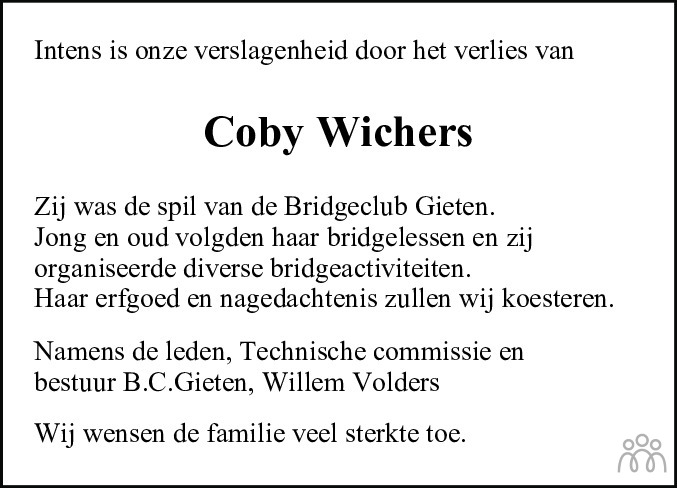 Overlijdensbericht van Coby (Jacoba Grieta Jantiena) Wichers-Bos in Dagblad van het Noorden